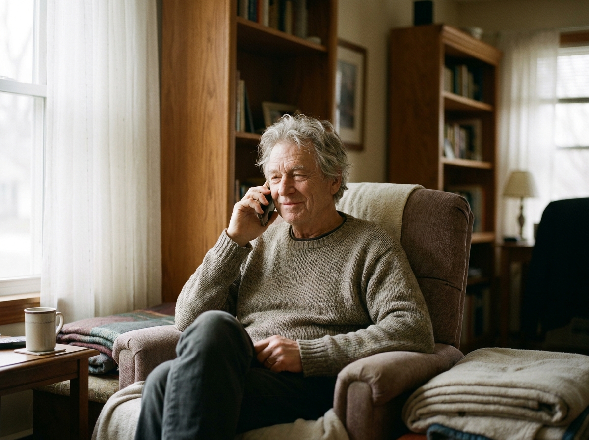 An older man at ease in a calm, softly lit room